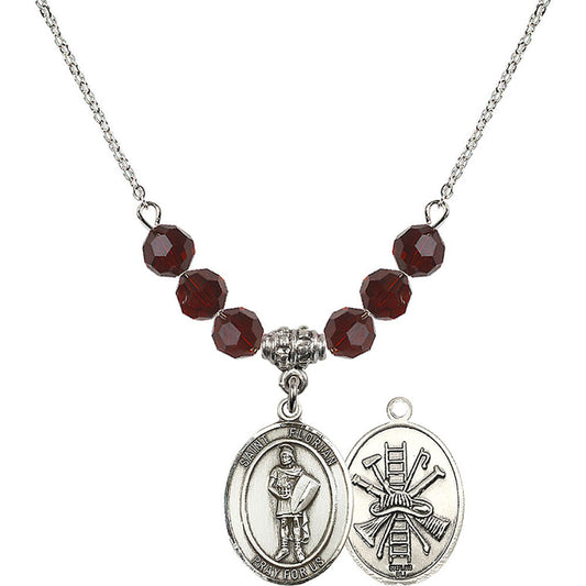 Sterling Silver Saint Florian/Firefighter Birthstone Necklace with Garnet Beads - 8034