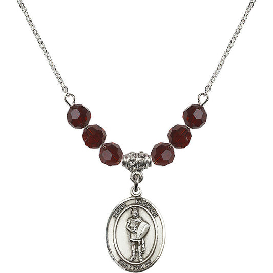 Sterling Silver Saint Florian Birthstone Necklace with Garnet Beads - 8034
