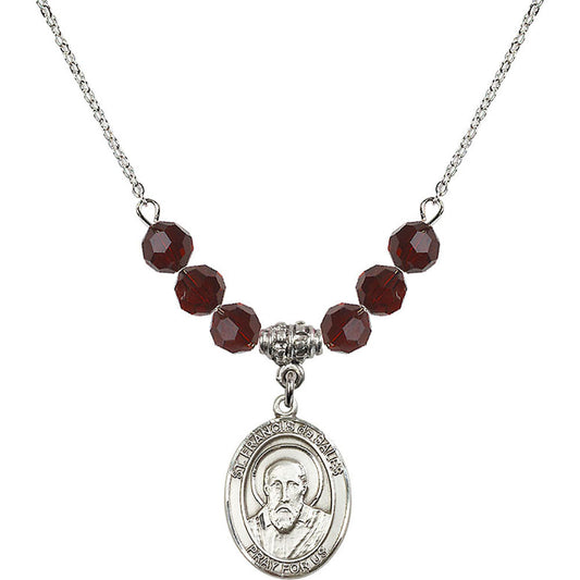 Sterling Silver Saint Francis de Sales Birthstone Necklace with Garnet Beads - 8035