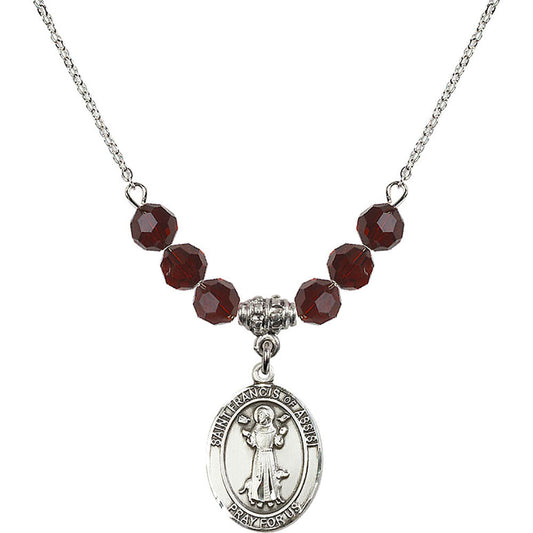 Sterling Silver Saint Francis of Assisi Birthstone Necklace with Garnet Beads - 8036