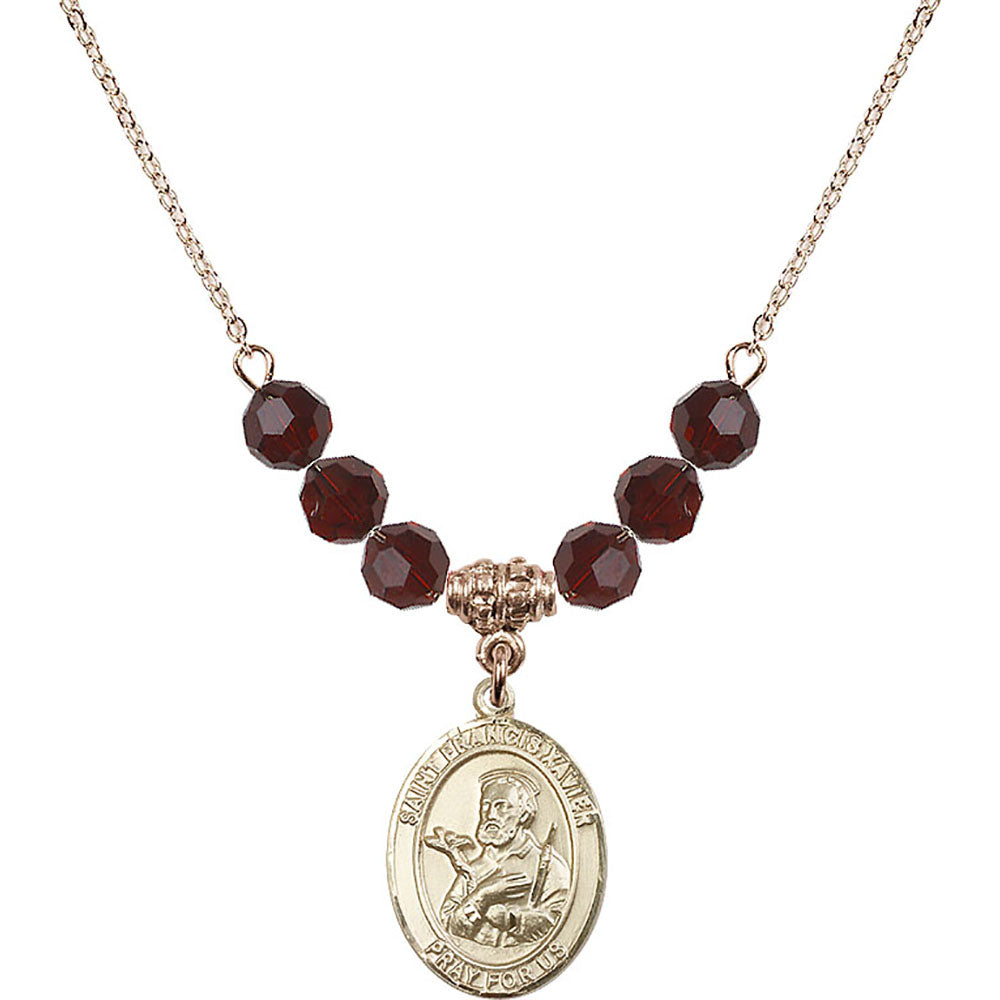 14kt Gold Filled Saint Francis Xavier Birthstone Necklace with Garnet Beads - 8037