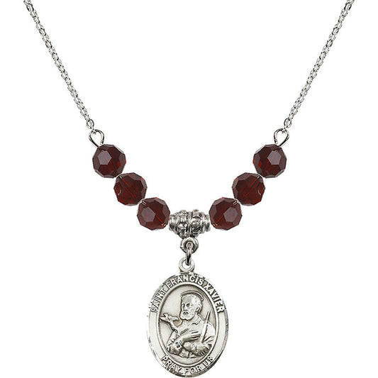 Sterling Silver Saint Francis Xavier Birthstone Necklace with Garnet Beads - 8037
