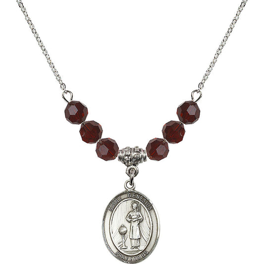 Sterling Silver Saint Genesius of Rome Birthstone Necklace with Garnet Beads - 8038