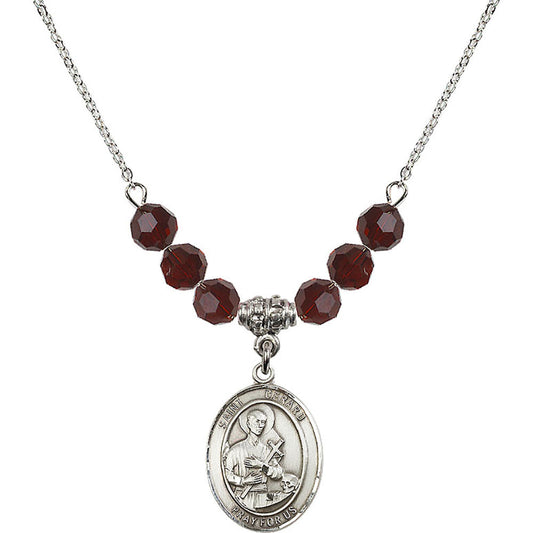 Sterling Silver Saint Gerard Majella Birthstone Necklace with Garnet Beads - 8042
