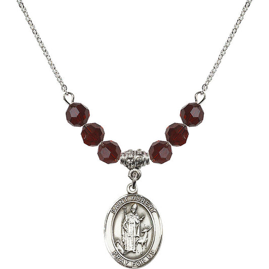Sterling Silver Saint Hubert of Liege Birthstone Necklace with Garnet Beads - 8045