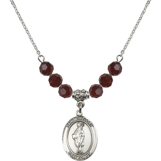 Sterling Silver Saint Gregory the Great Birthstone Necklace with Garnet Beads - 8048