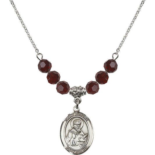Sterling Silver Saint Isidore of Seville Birthstone Necklace with Garnet Beads - 8049