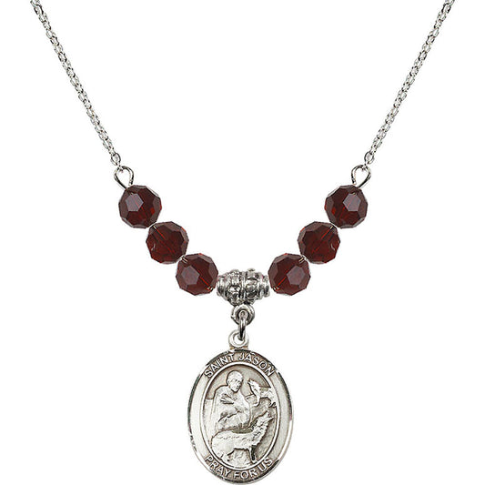 Sterling Silver Saint Jason Birthstone Necklace with Garnet Beads - 8051