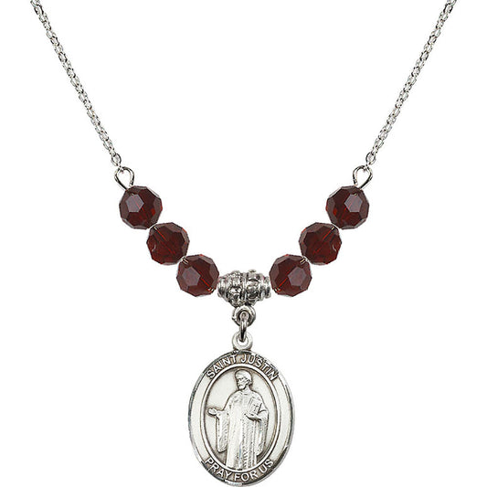 Sterling Silver Saint Justin Birthstone Necklace with Garnet Beads - 8052