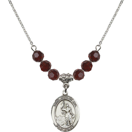 Sterling Silver Saint Joan of Arc Birthstone Necklace with Garnet Beads - 8053