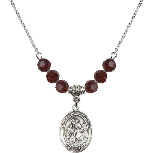 Sterling Silver Saint John the Baptist Birthstone Necklace with Garnet Beads - 8054
