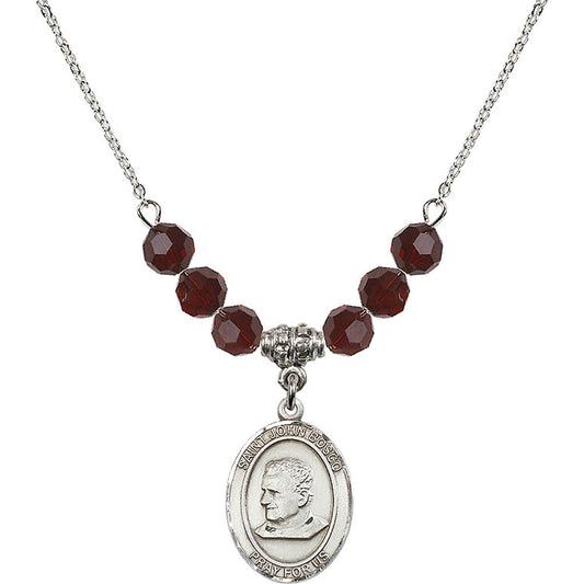 Sterling Silver Saint John Bosco Birthstone Necklace with Garnet Beads - 8055