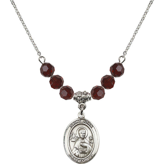 Sterling Silver Saint John the Apostle Birthstone Necklace with Garnet Beads - 8056
