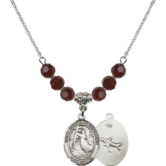 Sterling Silver Saint Joseph of Cupertino Birthstone Necklace with Garnet Beads - 8057