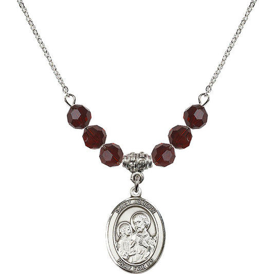 Sterling Silver Saint Joseph Birthstone Necklace with Garnet Beads - 8058