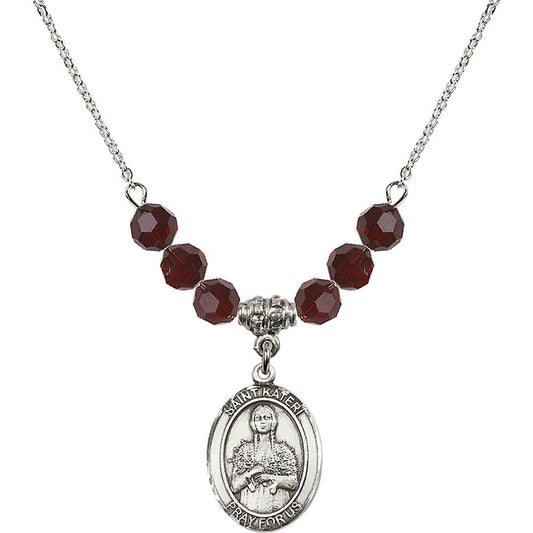 Sterling Silver Saint Kateri Tekakwitha Birthstone Necklace with Garnet Beads - 8061