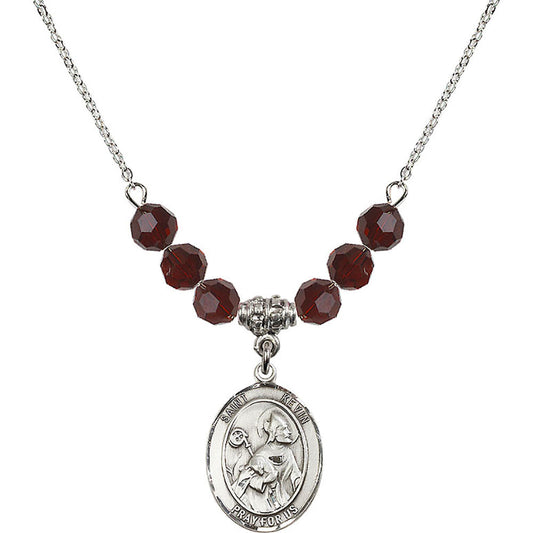 Sterling Silver Saint Kevin Birthstone Necklace with Garnet Beads - 8062