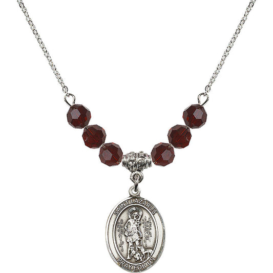 Sterling Silver Saint Lazarus Birthstone Necklace with Garnet Beads - 8066