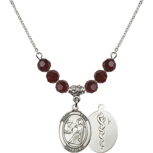 Sterling Silver Saint Luke the Apostle / Doctor Birthstone Necklace with Garnet Beads - 8068