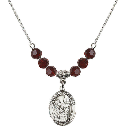 Sterling Silver Saint Mary Magdalene Birthstone Necklace with Garnet Beads - 8071