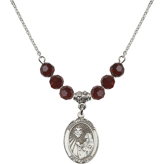 Sterling Silver Saint Margaret Mary Alacoque Birthstone Necklace with Garnet Beads - 8072