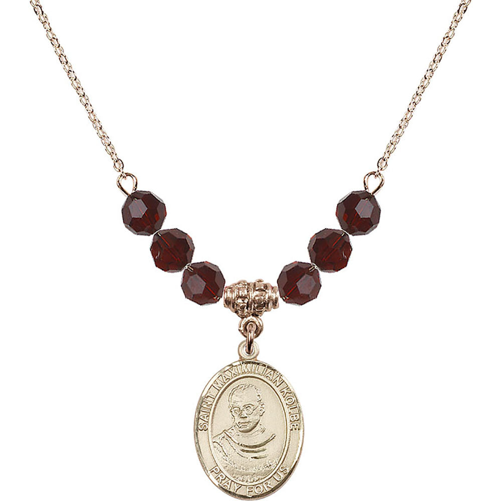 14kt Gold Filled Saint Maximilian Kolbe Birthstone Necklace with Garnet Beads - 8073