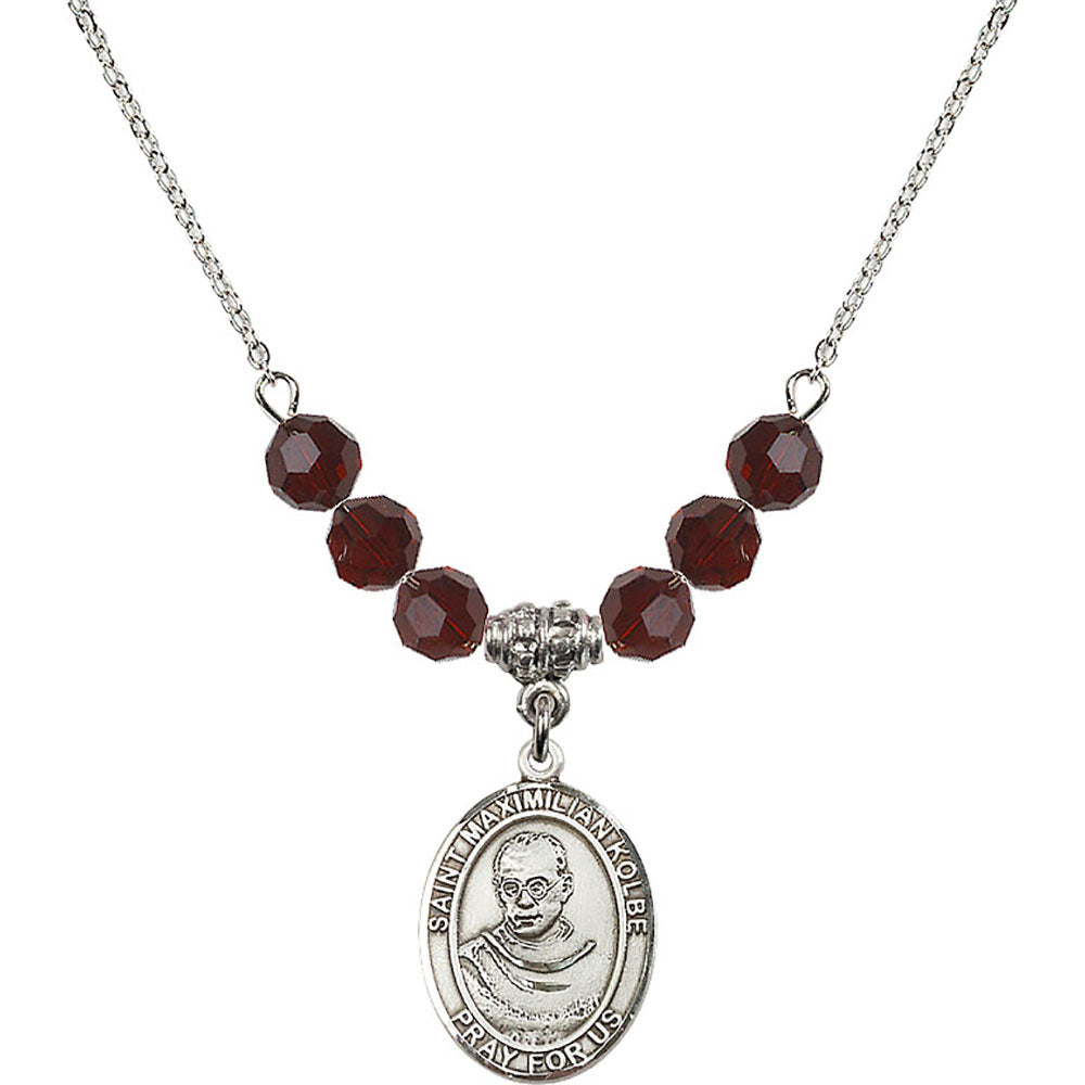 Sterling Silver Saint Maximilian Kolbe Birthstone Necklace with Garnet Beads - 8073