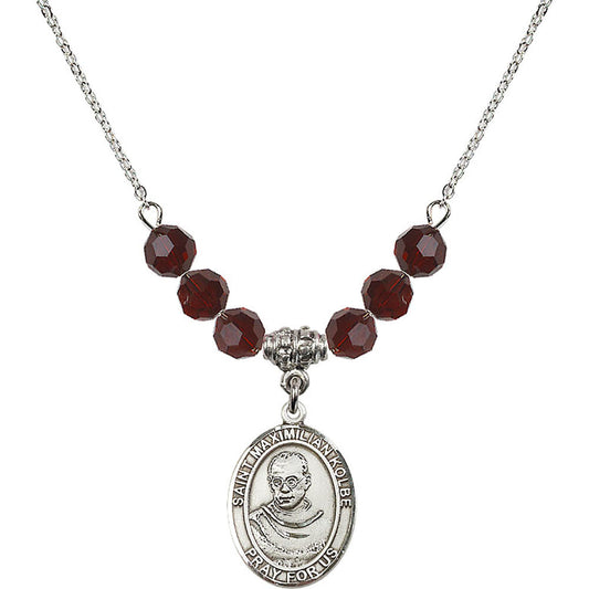 Sterling Silver Saint Maximilian Kolbe Birthstone Necklace with Garnet Beads - 8073