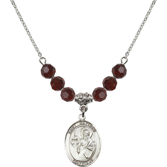 Sterling Silver Saint Matthew the Apostle Birthstone Necklace with Garnet Beads - 8074