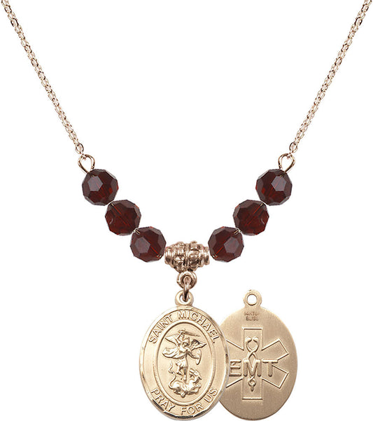 14kt Gold Filled Saint Michael / EMT Birthstone Necklace with Garnet Beads - 8076