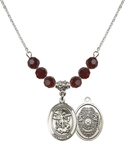 Sterling Silver Saint Michael / Policeman Birthstone Necklace with Garnet Beads - 8076