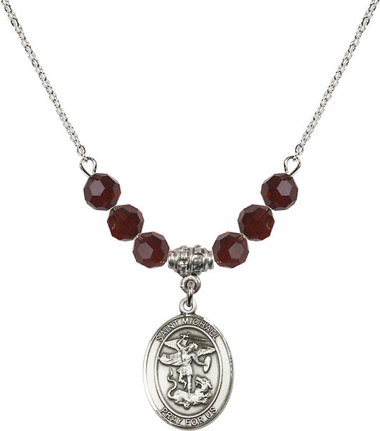 Sterling Silver Saint Michael the Archangel Birthstone Necklace with Garnet Beads - 8076