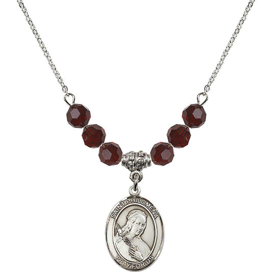Sterling Silver Saint Philomena Birthstone Necklace with Garnet Beads - 8077