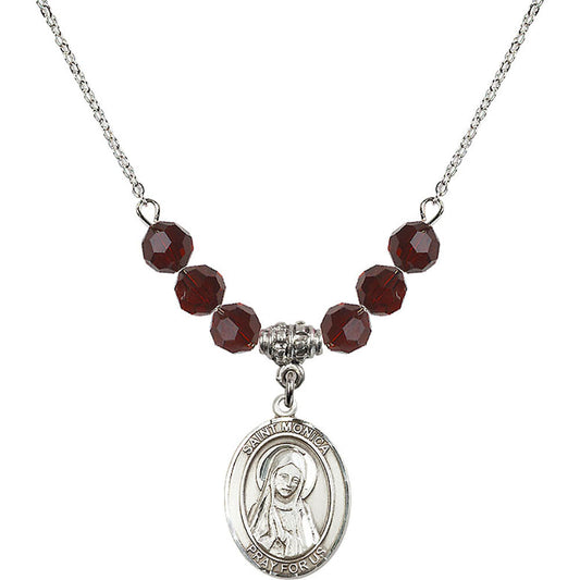 Sterling Silver Saint Monica Birthstone Necklace with Garnet Beads - 8079