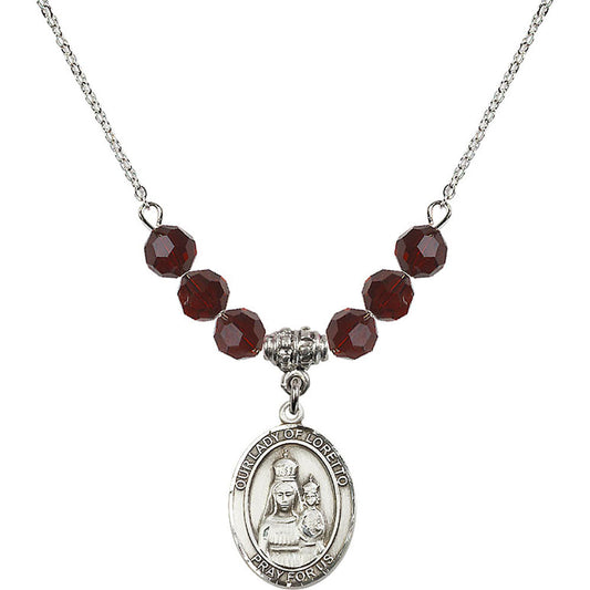 Sterling Silver Our Lady of Loretto Birthstone Necklace with Garnet Beads - 8082