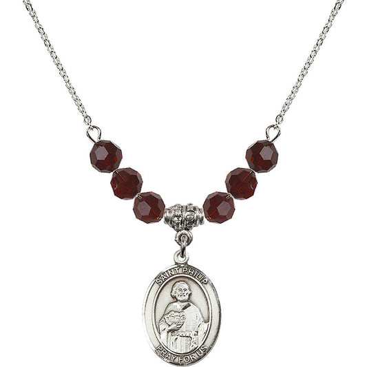 Sterling Silver Saint Philip the Apostle Birthstone Necklace with Garnet Beads - 8083