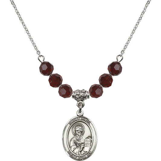 Sterling Silver Saint Paul the Apostle Birthstone Necklace with Garnet Beads - 8086