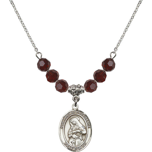 Sterling Silver Our Lady of Providence Birthstone Necklace with Garnet Beads - 8087