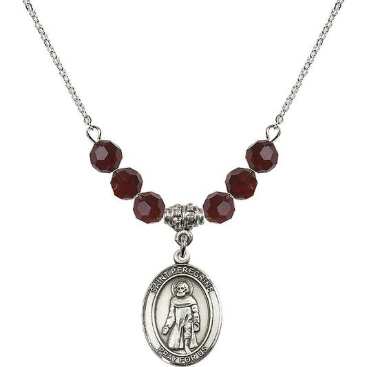 Sterling Silver Saint Peregrine Laziosi Birthstone Necklace with Garnet Beads - 8088