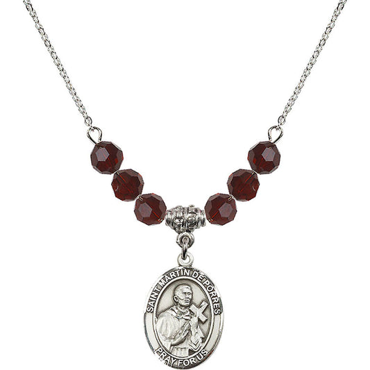 Sterling Silver Saint Martin de Porres Birthstone Necklace with Garnet Beads - 8089
