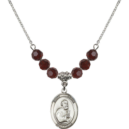 Sterling Silver Saint Peter the Apostle Birthstone Necklace with Garnet Beads - 8090