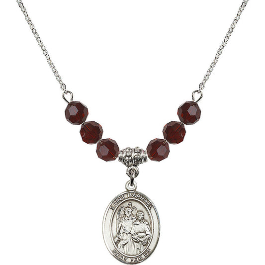 Sterling Silver Saint Raphael the Archangel Birthstone Necklace with Garnet Beads - 8092
