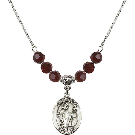 Sterling Silver Saint Richard Birthstone Necklace with Garnet Beads - 8093
