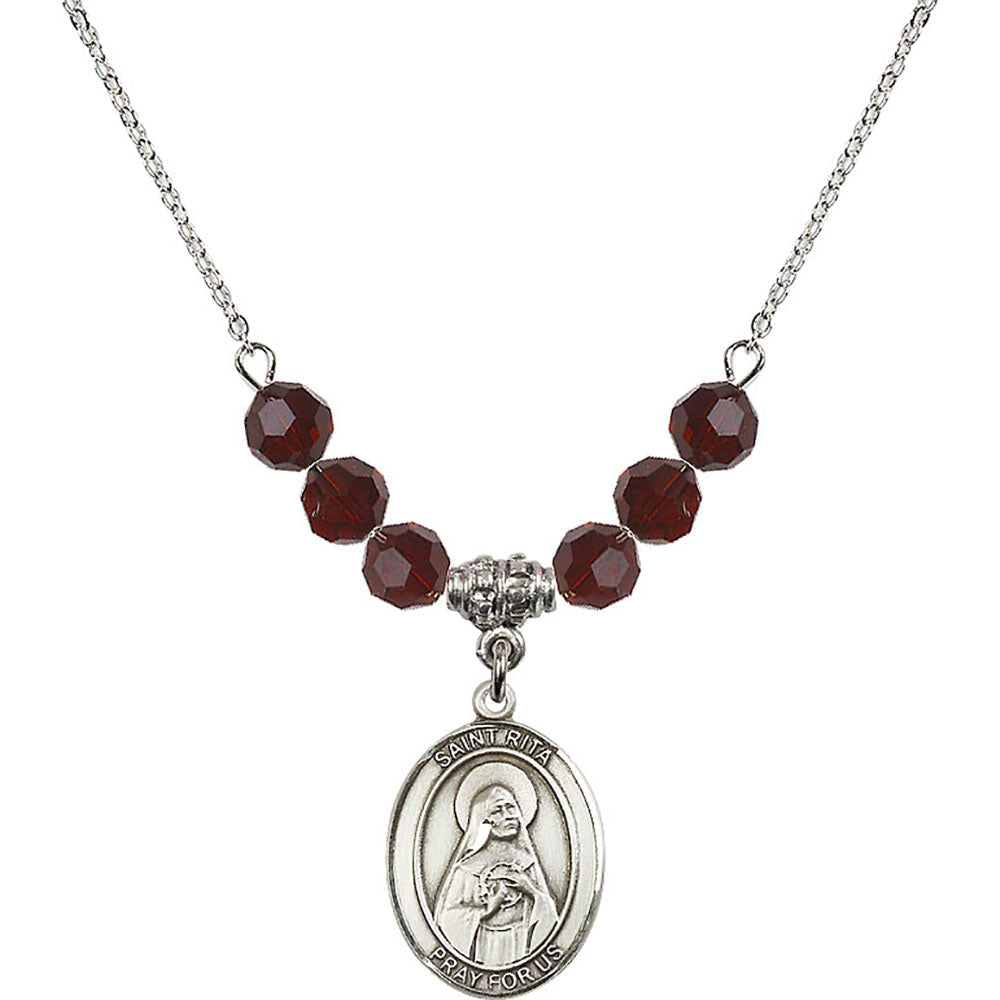 Sterling Silver Saint Rita of Cascia Birthstone Necklace with Garnet Beads - 8094