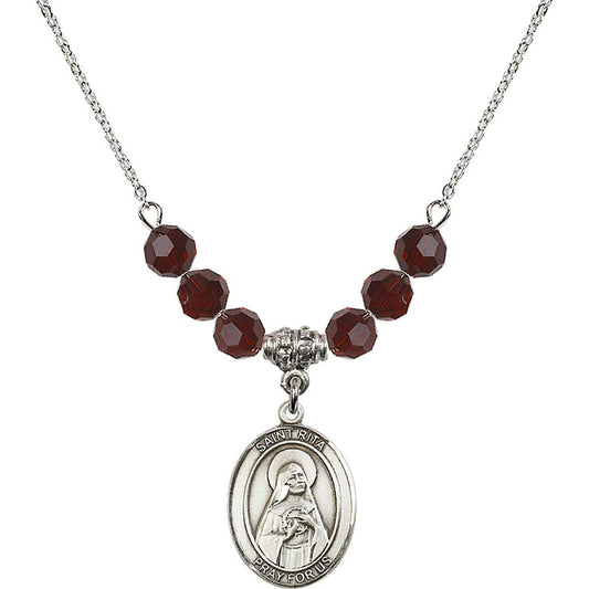 Sterling Silver Saint Rita of Cascia Birthstone Necklace with Garnet Beads - 8094