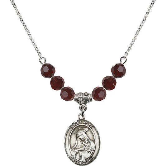 Sterling Silver Saint Rose of Lima Birthstone Necklace with Garnet Beads - 8095
