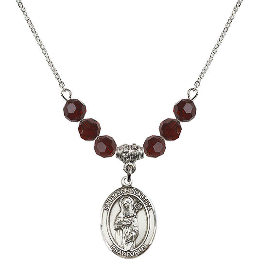 Sterling Silver Saint Scholastica Birthstone Necklace with Garnet Beads - 8099