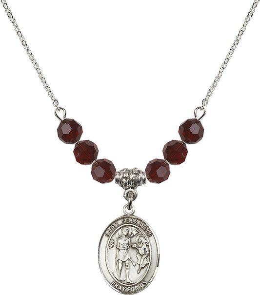 Sterling Silver Saint Sebastian Birthstone Necklace with Garnet Beads - 8100