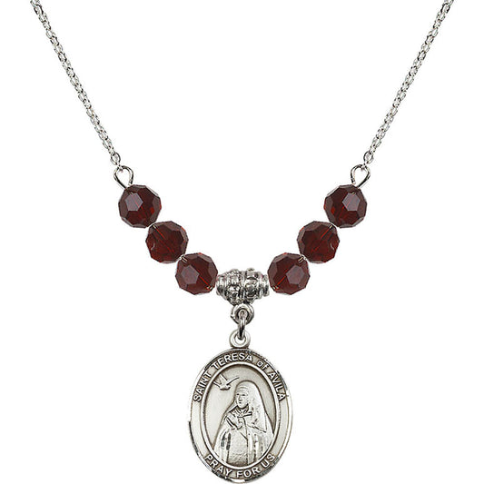 Sterling Silver Saint Teresa of Avila Birthstone Necklace with Garnet Beads - 8102