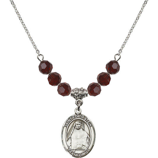 Sterling Silver Saint Edith Stein Birthstone Necklace with Garnet Beads - 8103